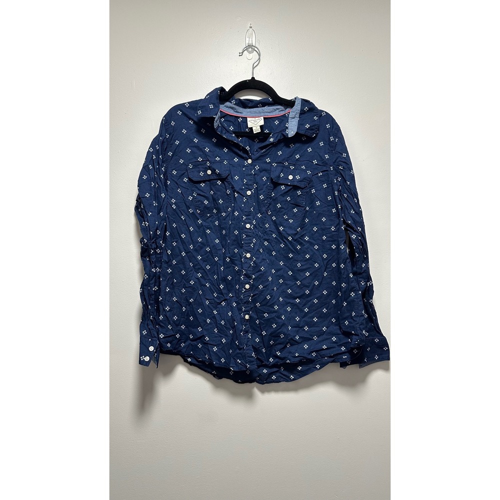 St. John's Bay Womens 1X Navy Blue Geometric Print Cotton Button Down Shirt